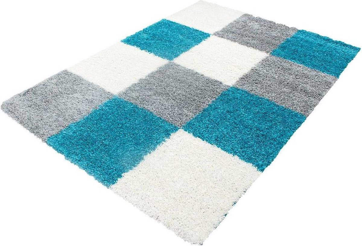 Hoogpolig vloerkleed Life - turquoise, grijs, wit - 120x170 cm