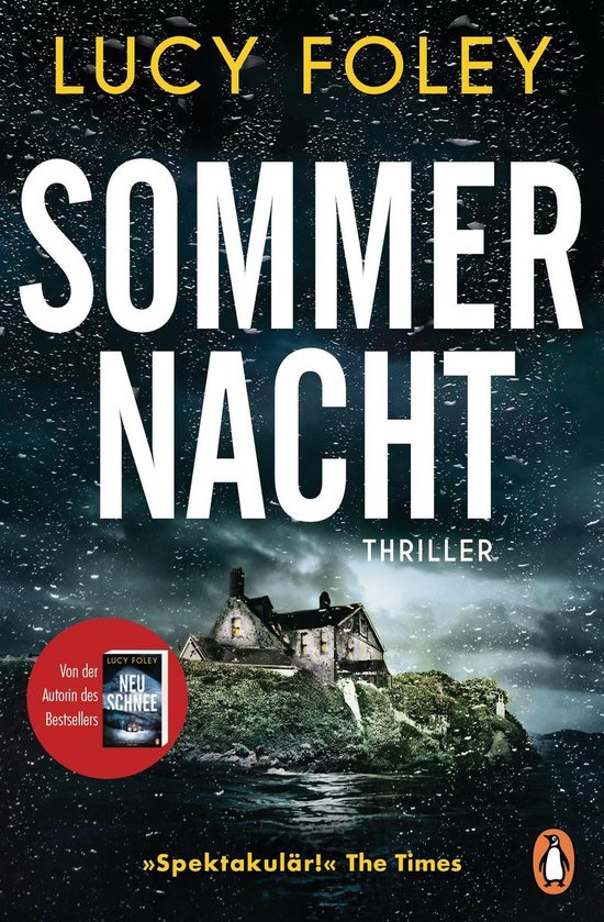 Boekcover van 'Sommernacht' thriller van Lucy Foley, met een huis op een eiland bij nacht.
