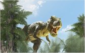 Dinosaurus T-Rex in zonnig woud - Foto op Forex - 90 x 60 cm