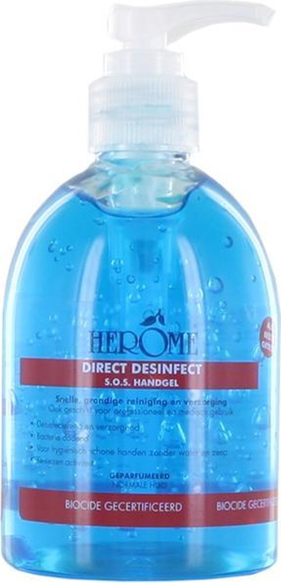 Herome Direct Desinfect Handgel Double Active in flacon met pompje- Desinfecterende Handgel met 80% Alcohol - Beschermt Tegen Bacteriën en Droogt de Handen Niet Uit - 300ml. - Herome
