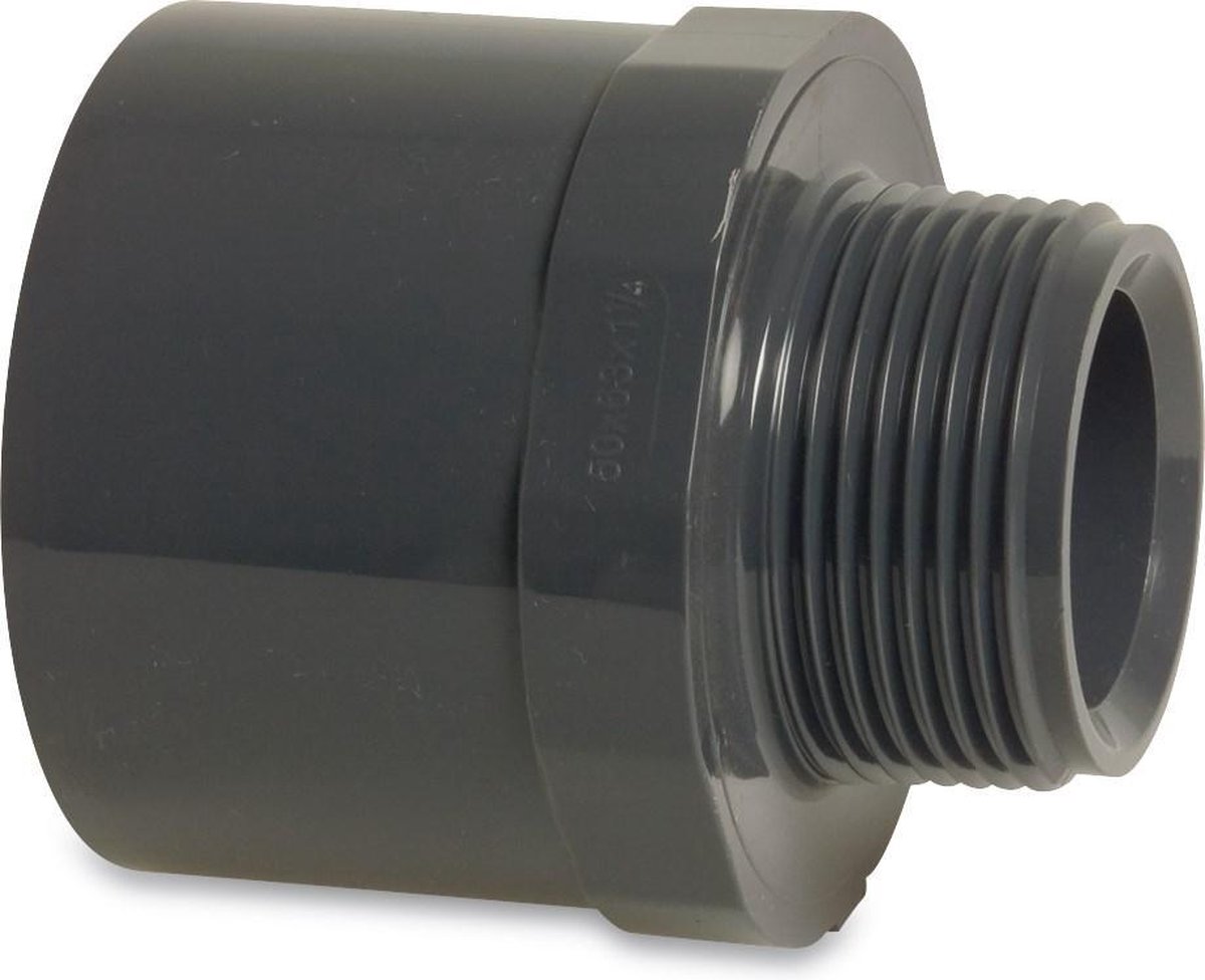 Mega Puntstuk PVC-U 40/50 mm x 1 1/4" lijmmof/spie x buitendraad 10bar grijs