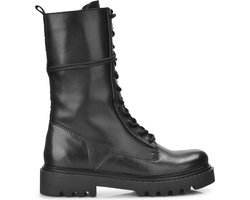 PS Poelman Hoge Leren Veter Boots met Lakleren Piping - Saturno - Zwart - Dames - Maat 37