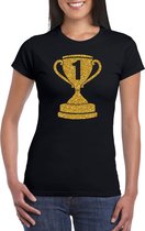 Gouden kampioens beker / nummer 1  t-shirt / kleding - zwart - voor dames - Nr.1 - kampioens shirts / winnaars / outfit XL