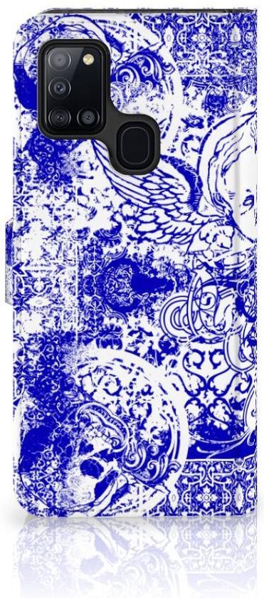 Housse en Cuir Premium Flip Case Portefeuille Etui pour Samsung Galaxy A21s Portefeuille Skull Blue Angel