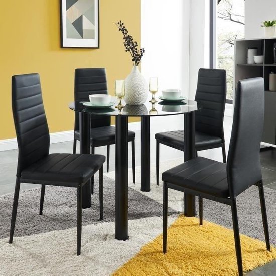 BERENICE Ronde eettafel in glas 4 personen 90 cm + 4 stoelen in zwart -  Zwart | bol.com
