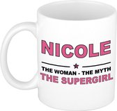 Naam cadeau Nicole - The woman, The myth the supergirl koffie mok / beker 300 ml - naam/namen mokken - Cadeau voor o.a  verjaardag/ moederdag/ pensioen/ geslaagd/ bedankt