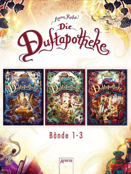 Drie boekomslagen van 'Die Duftapotheke' in een bundel: 'Ein Geheimnis liegt in der Luft', 'Das Rätsel der schwarzen Blume', en 'Das falsche Spiel der Meisterin'.