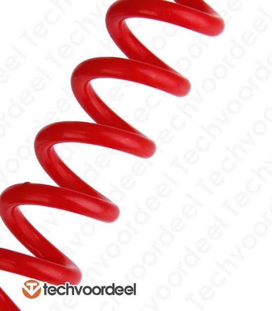 Een rood, spiraalvormig koord dat kronkelt, op een witte achtergrond.