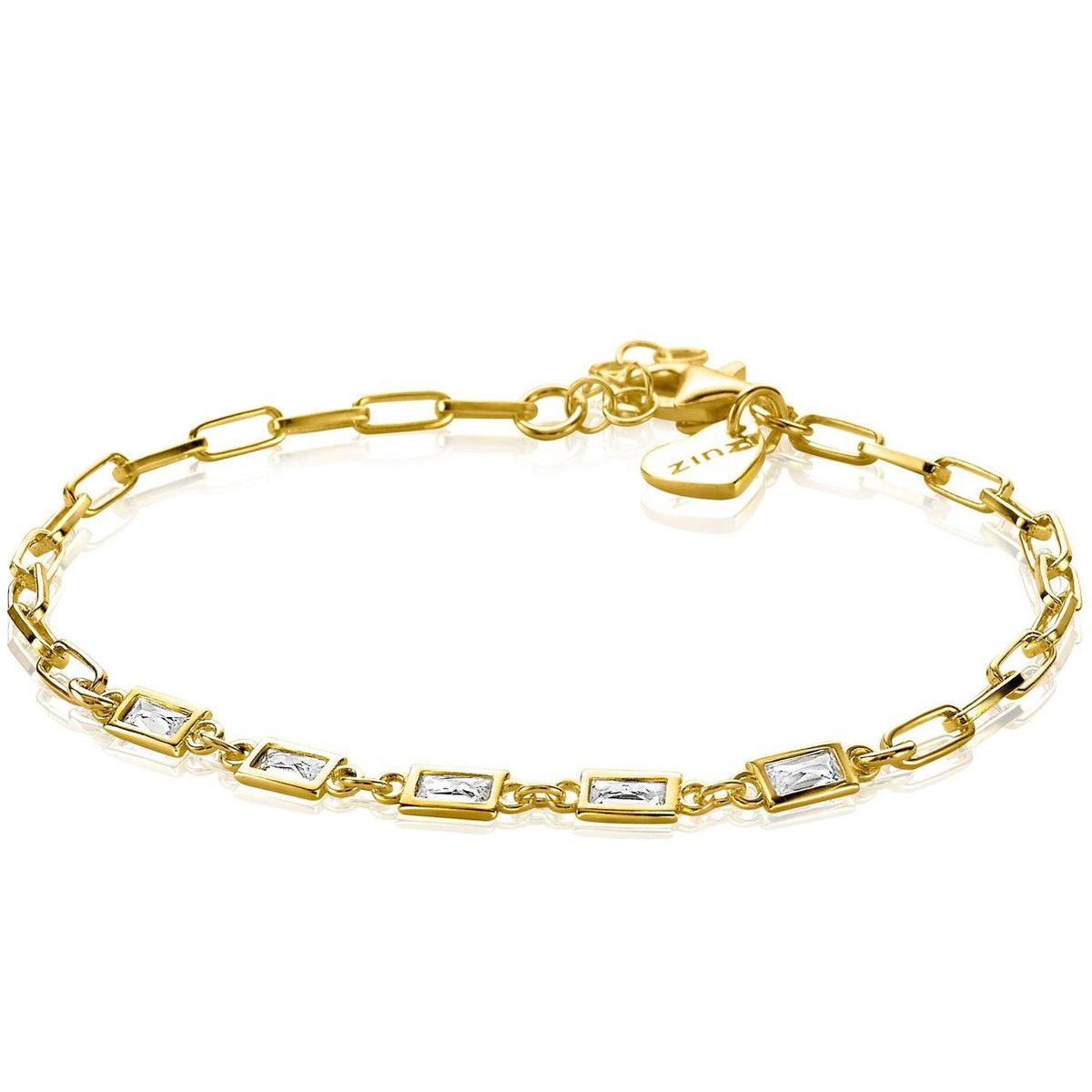 ZINZI zilveren armband in 14K geel verguld met paperclip schakels en baguette witte zirkonia's ZIA1993G