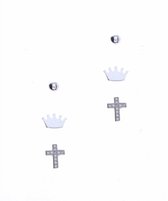 Oorbellen dames | Drie oorbellen op kaartje, glad knopje, kroontje en kruisje | WeLoveSilver