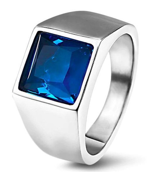 Zegelring Heren Zilver kleurig met Blauwe Steen - Staal - Ring Ringen - Cadeau voor Man - Mannen Cadeautjes - TrendFox