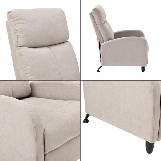 Collage van close-ups van een lichtbeige relaxfauteuil: hoofdsteun, zijkant en zitting.