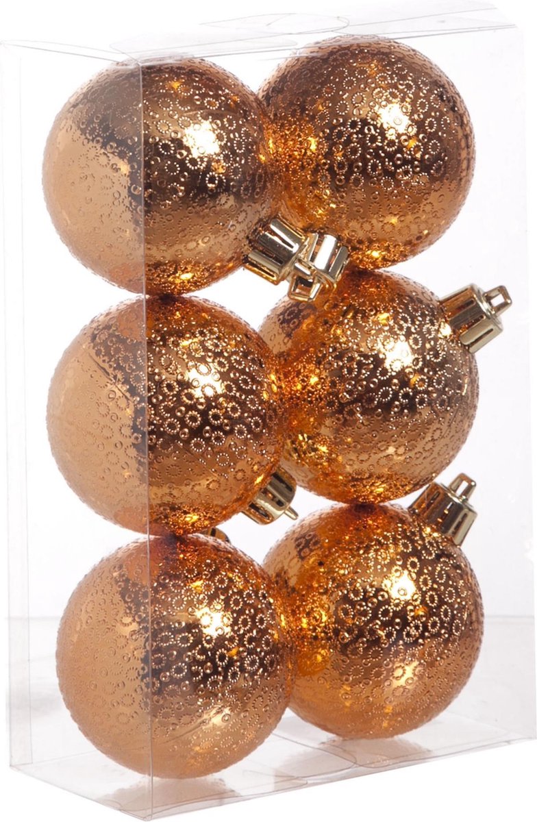 6x Koperen cirkel motief kerstballen 6 cm kunststof Cirkel motief