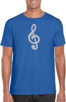 Zilveren muzieknoot G-sleutel / muziek feest t-shirt / kleding - blauw - voor heren - muziek shirts / muziek liefhebber / outfit L