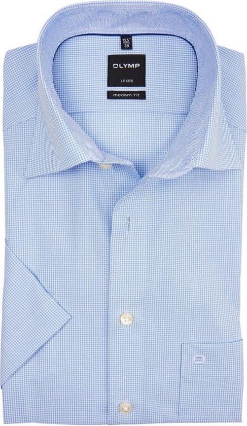OLYMP Luxor modern fit overhemd - korte mouw - lichtblauw met wit geruit - Strijkvrij - Boordmaat: 42
