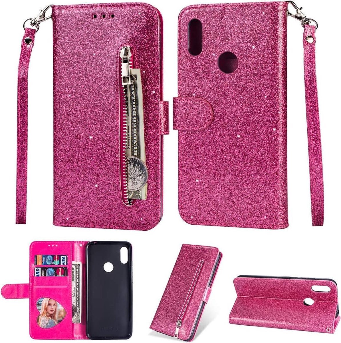 Samsung Galaxy A20E Glitter Bookcase hoesje Portemonnee met rits - Roze