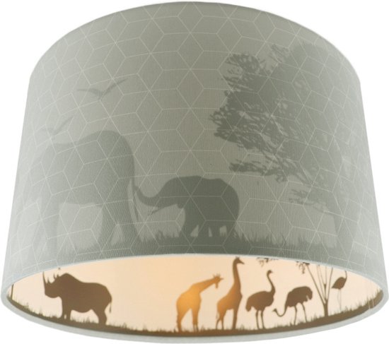 Olucia Safari - Kinderkamer plafondlamp - Stof - Groen - Cilinder - 30 cm