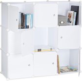 relaxdays vakkenkast met deuren - roomdivider kunststof - boekenkast 9 vakken - open kast wit