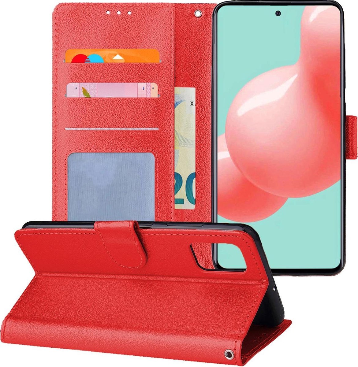 Hoesje - Met Pasjeshouder - Geschikt voor Samsung Galaxy A51 - Luxe Bookcase Portemonee - Flip Case - Kunstleer Book Case - Flipcase - Book Cover - Walletcase - Portemonneehoes - Telefoonhoesjes - Rood