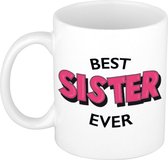 Best sister ever cadeau mok / beker wit met roze cartoon letters - 300 ml - keramiek - verjaardag - cadeau koffiemok / theebeker