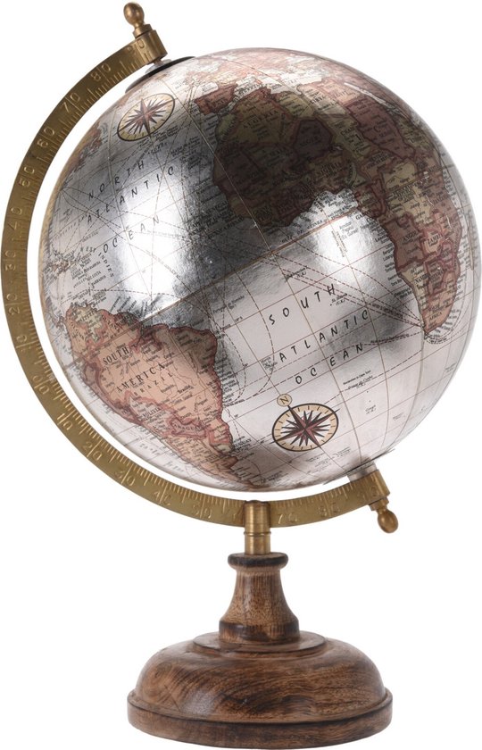 Foto: Decoratie wereldbol globe creme metallic op houten voet d20 x h33 cm