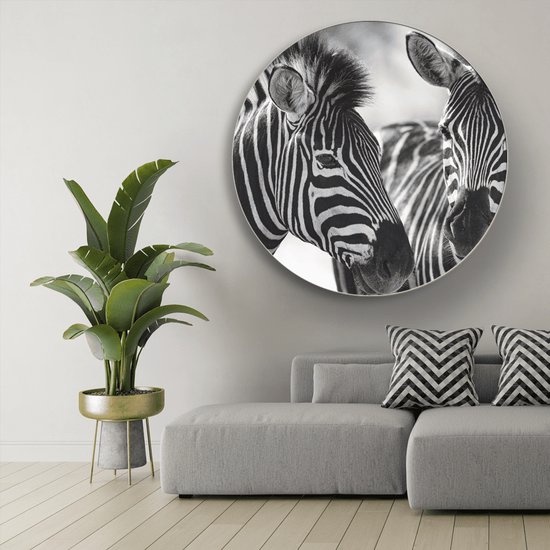 Wanddecoratie / Schilderij / Poster / Doek / Schilderstuk / Muurdecoratie / Fotokunst / Tafereel Zebra's (rond) gedrukt op Geborsteld aluminium