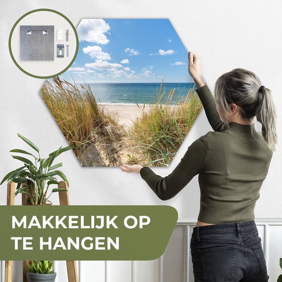 Décoration murale hexagonale - Décoration murale en plastique - Tableau hexagonal - Dune - Herbe - Mer - Plage - 120x103 cm