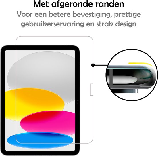 Protection d'écran pour tablette avec zoom sur les bords arrondis. Texte : Avec bords arrondis Pour une meilleure fixation, une expérience utilisateur agréable et un design épuré.
