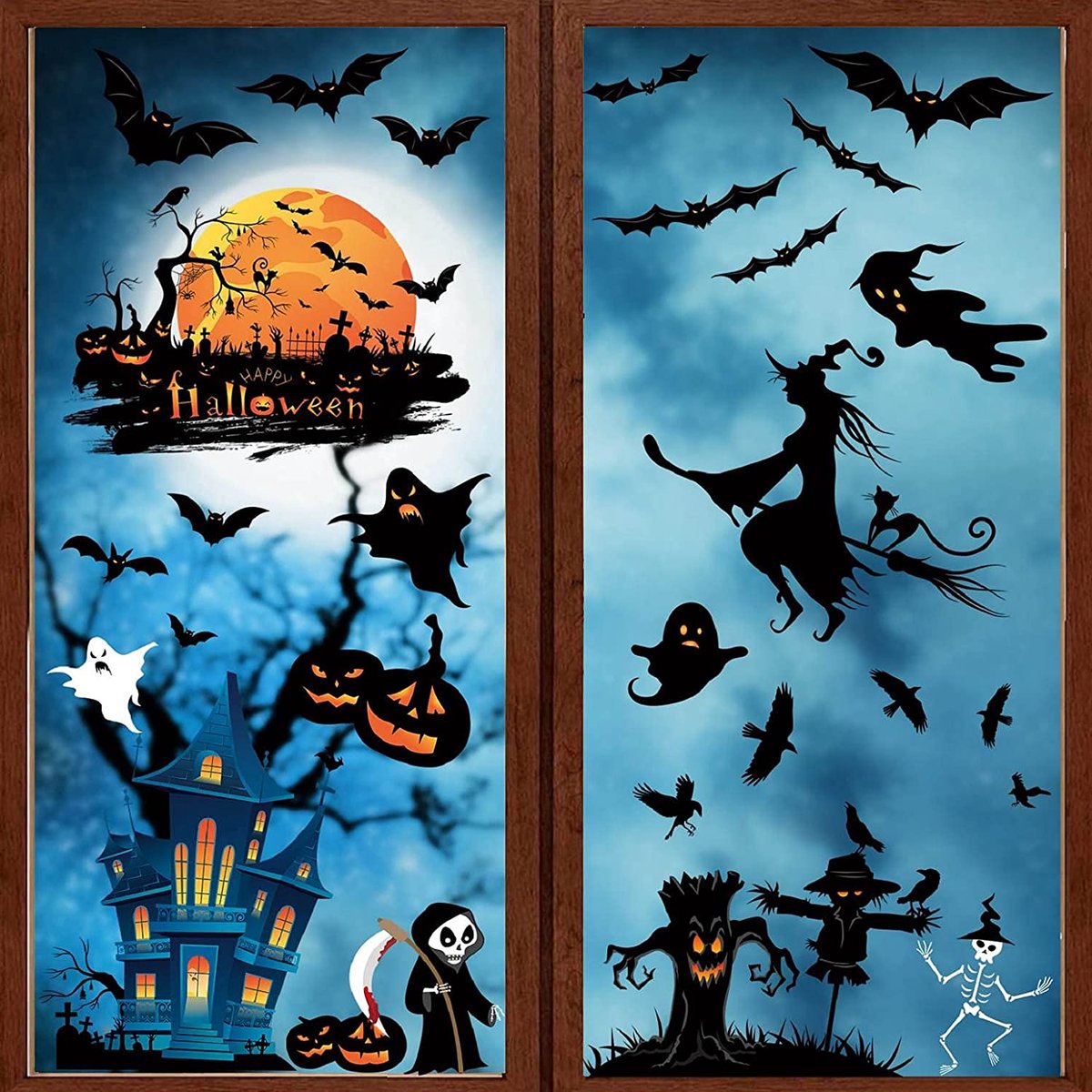 82 Autocollants Fenêtre Halloween - 10 Feuilles PVC - Sorcière, Zombie, Fantôme - 20x30 Cm