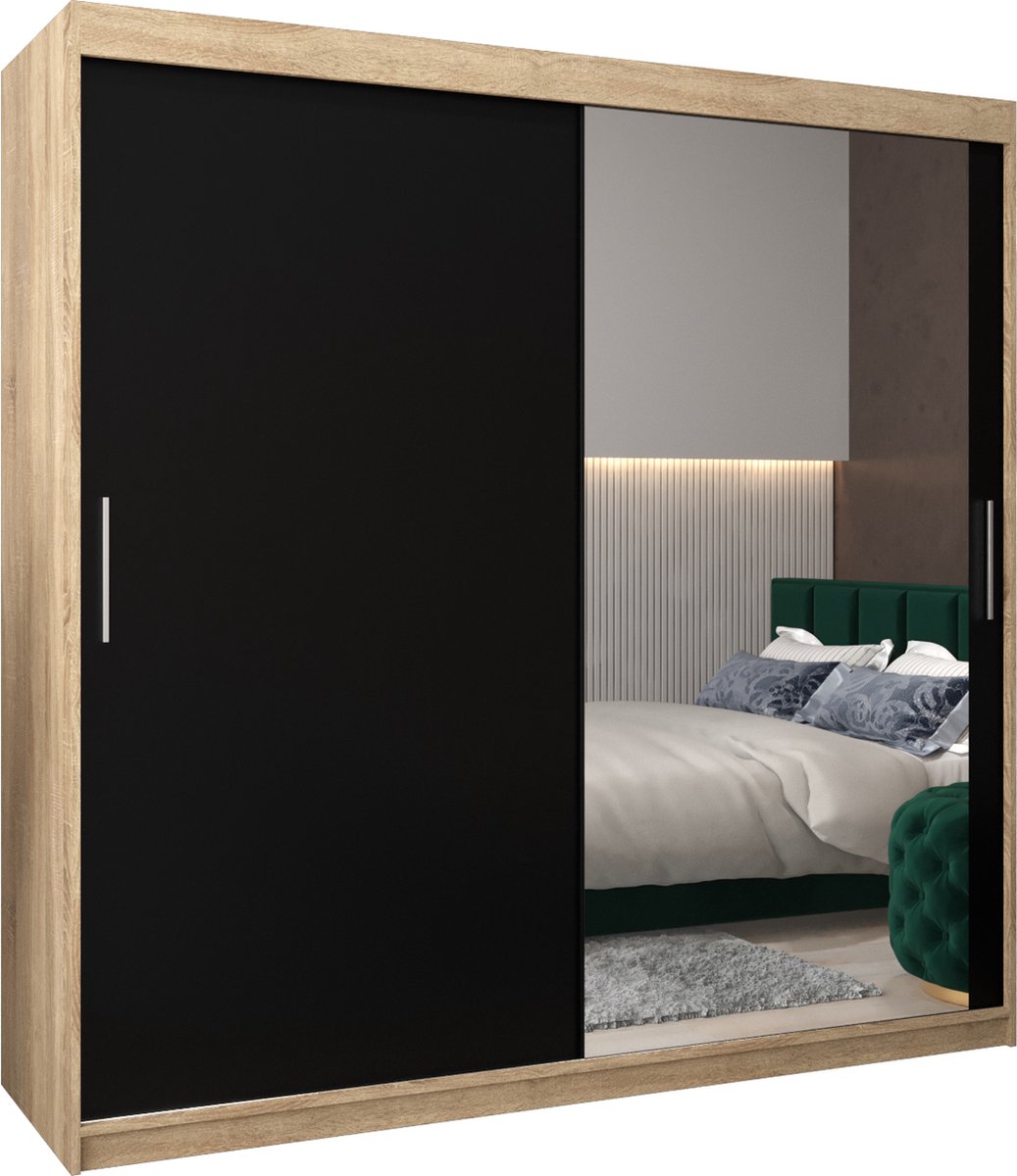 InspireME Kledingkast met 2 schuifdeuren, Modern-stijl, Kledingkast met planken (BxHxD): 200x200x62 - TORM II 200 Sonoma Eik + Zwart Mat met 4 lades