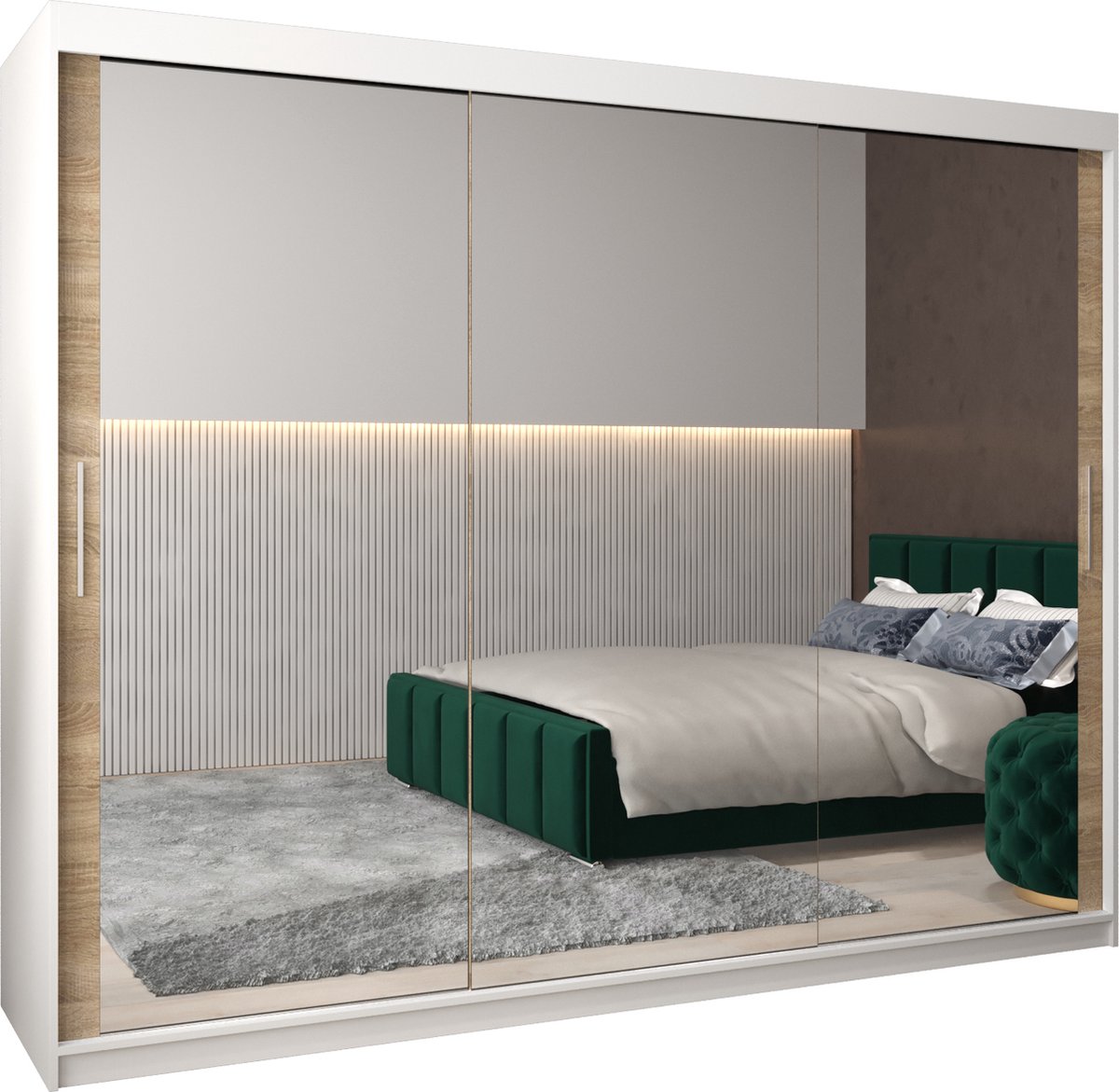InspireME Kledingkast met 3 schuifdeuren, Modern-stijl, Kledingkast met planken (BxHxD): 250x200x62 - TORM III 250 Wit Mat + Sonoma Eik mat 4 lades