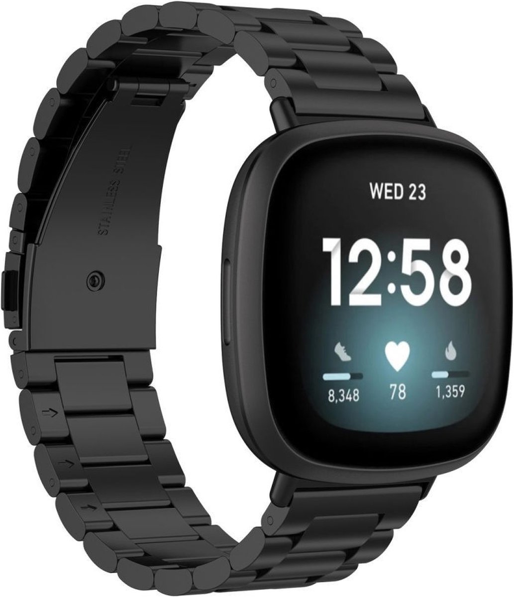 Fitbit Versa 3 / Sense Bandje - Roestvrij Staal met Schakels - Zwart