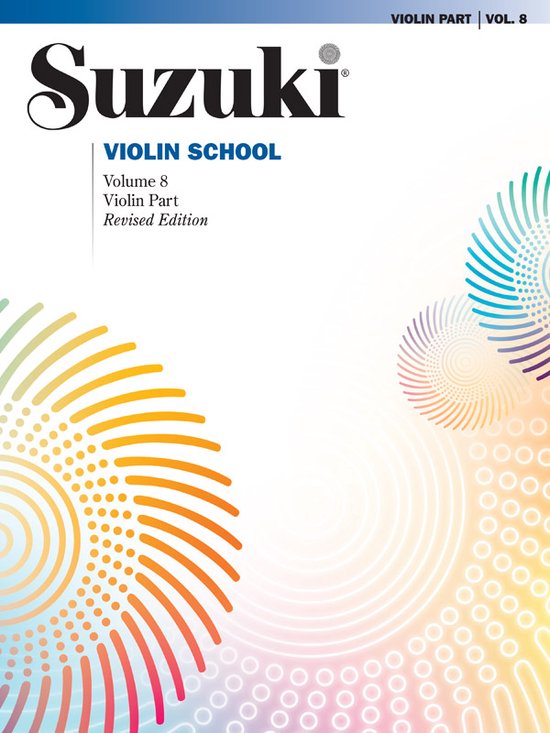 Suzuki Violin School, Volume 8, Partition de Violon, Édition Révisée avec des cercles et des lignes colorés sur la couverture.