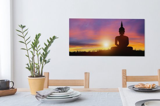 Toile - Statue de Bouddha - Silhouette - Coucher de soleil - Spirituel - Peintures salon - Peinture sur toile - Canvasdoek - 80x40 cm - Décoration murale