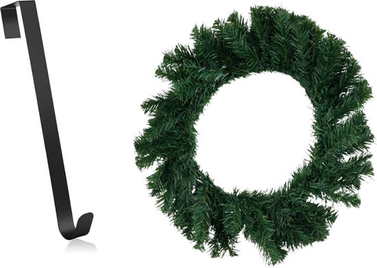 Kerstkrans met hanger - Groen / Zwart - PVC / Metaal - 75 x 35 cm - 95 tips - Deurhanger - Kerstmis - versiering