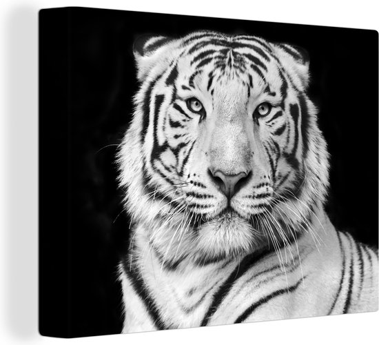 Canvas schilderij - Dieren - Tijger - Zwart - Wit - Woondecoratie - 80x60 cm - Foto op canvas - Canvas doek