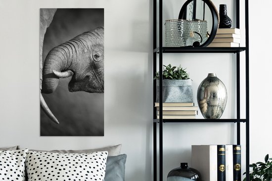 Canvas schilderij - Wilde dieren - Olifanten - Zwart - Wit - Woonkamer - Canvas - 40x80 cm - Muurdecoratie - Canvas doek