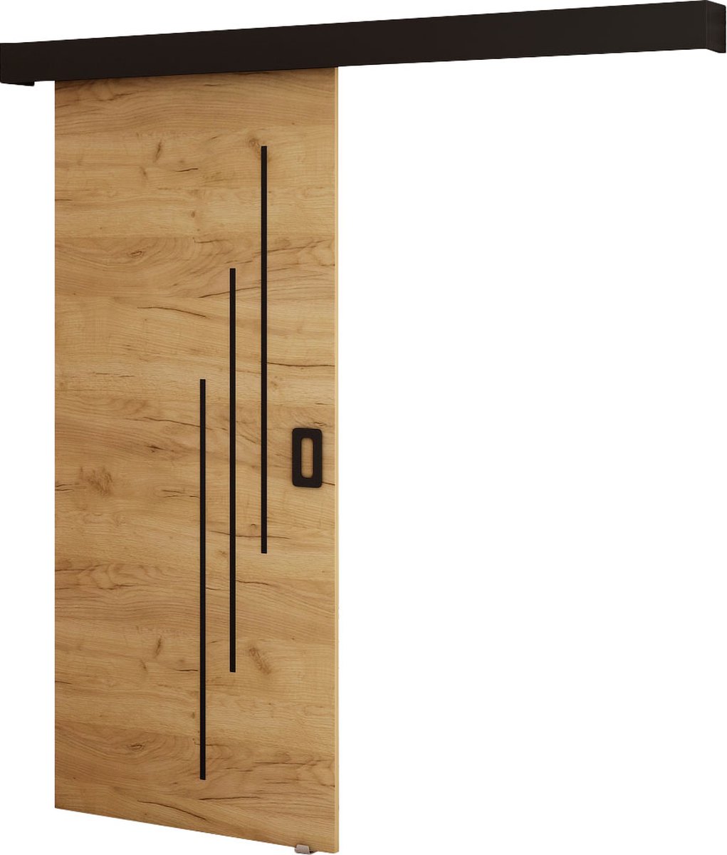 InspireMe - Schuifdeursysteem met rail - 90x204cm - MAY VI - Gouden Eik + Zwart frame + Zwart Handvat met Soft-Close system