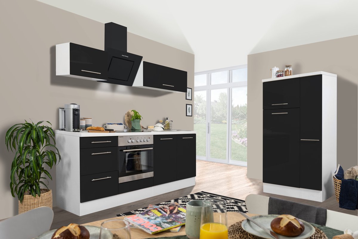 Goedkope keuken 300 cm - complete keuken met apparatuur Amanda - Wit/Zwart - soft close - keramische kookplaat - afzuigkap - oven - spoelbak