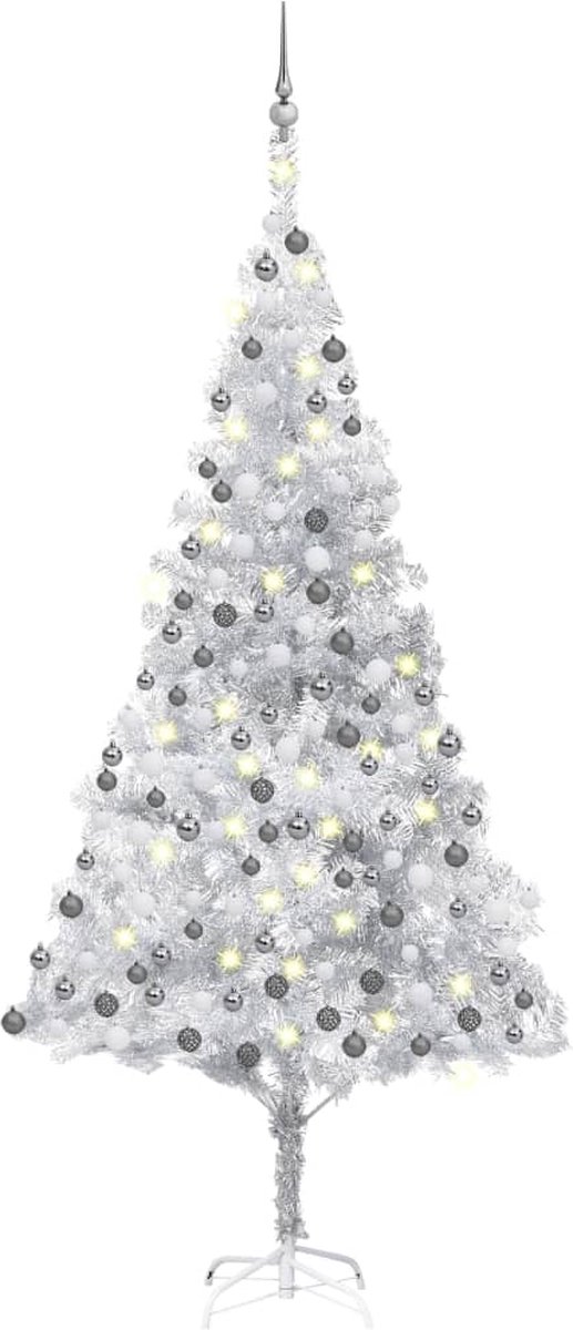 Prolenta Premium - Kunstkerstboom met LED's en kerstballen 210 cm PET zilverkleur