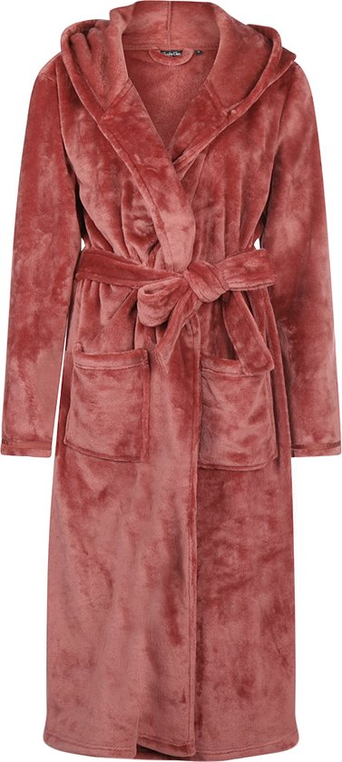 Charlie Choe badjas dames – 100 % zacht fleece - lang model – dames badjas met capuchon – trendy ochtendjas - koper - L