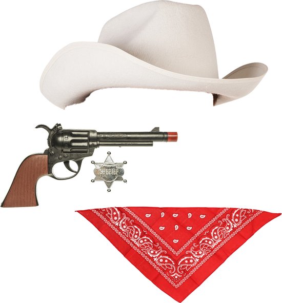 Boland - Costume de carnaval ensemble chapeau de cowboy blanc - mouchoir rouge et pistolet