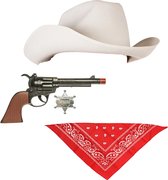 Boland - Carnaval verkleed set cowboyhoed wit - rode zakdoek en pistool
