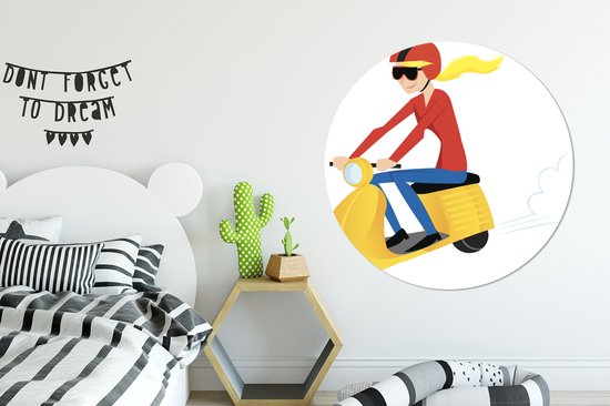 Illustration d'une fille sur un mur jaune Vespa cercle aluminium Ø 140 cm