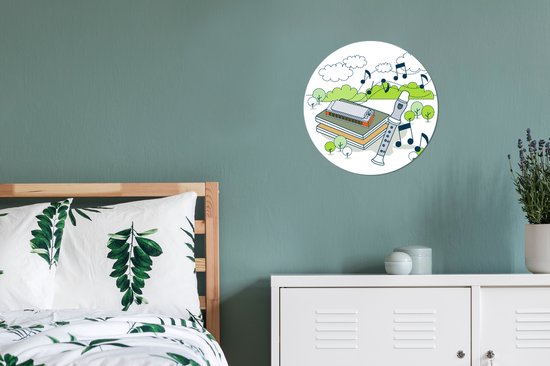 Illustrations d'une flûte avec arbres et notes de musique Cercle mural aluminium ⌀ 30 cm - Tirage photo sur cercle mural / cercle vivant / cercle de jardin (décoration murale)