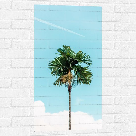 WallClassics - Muursticker - Rechte Palmboom bij Blauwe Lucht en Wolken - 50x100 cm Foto op Muursticker