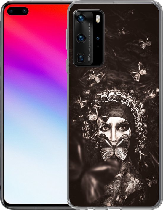 Convient pour coque Huawei P40 Pro - Femme - Papillon - Zwart - Wit - Coque de téléphone en Siliconen