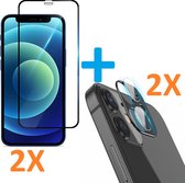 2X Volledige Dekking Scherm Tempered Glass Screen Protector + 2X Camera lens Beschermer zwart Geschikt voor: Apple iPhone 12 Mini (5.4inch)