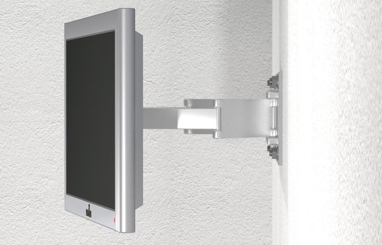 Zilverkleurige tv-muurbeugel met een enkele arm, bevestigd aan een gestructureerde muur.