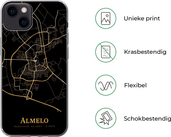 Telefoonhoesje Geschikt voor iPhone 13 hoesje - Almelo - Kaart - Goud - Zwart - Siliconen Telefoonhoesje Telefoonhoesje